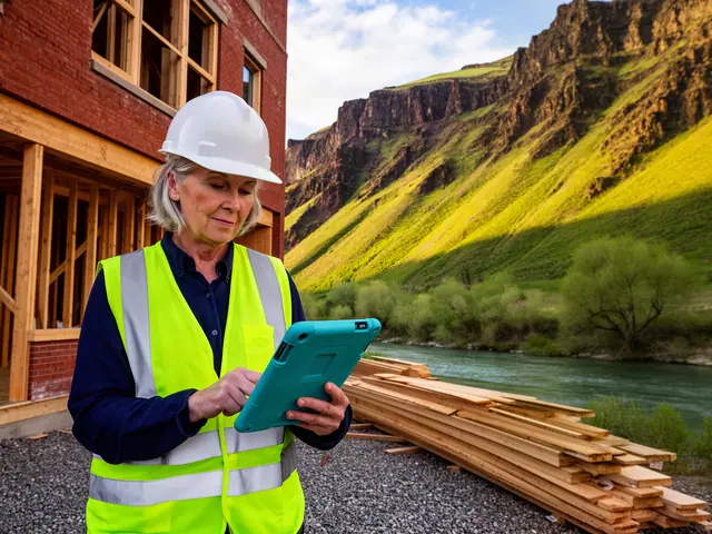 Woman in hard hat and yellow safety vest using a teal-cased tablet at a timber-framed building site beside a river canyon
