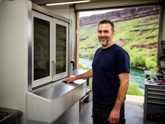 Smiling bearded man in navy t-shirt resting a hand on a large plain grey enclosed machine in a workshop with canyon view