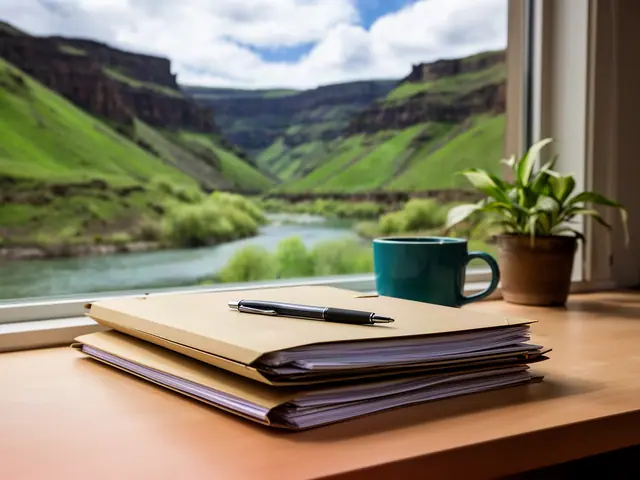Stack of plain kraft file folders with a pen on a desk in front of a window onto a green canyon and river