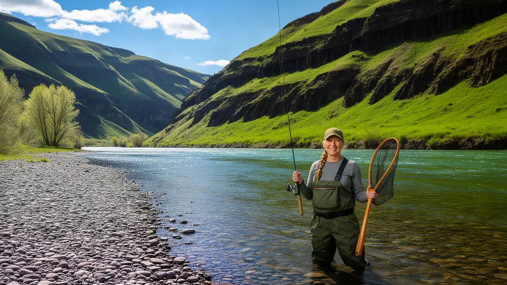 Smiling woman in waders holding a fly rod and landing net, standing in a river below green canyon walls