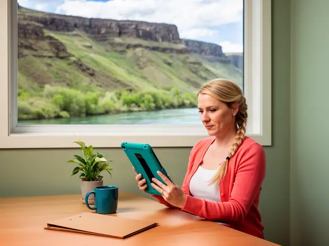 Blonde woman with braid in coral cardigan holding a teal-cased tablet at a table by a window onto green canyon and river