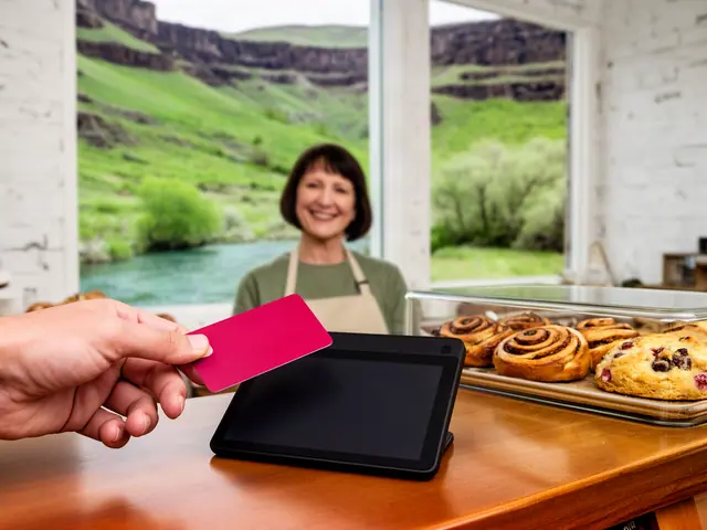 Customer hand holding a plain pink card toward a black counter display while a smiling bakery owner stands behind the counter