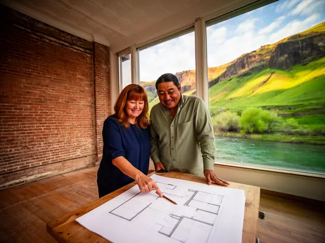 Two business partners smiling and looking over building floor plans on a wooden table beside a window onto a green river canyon