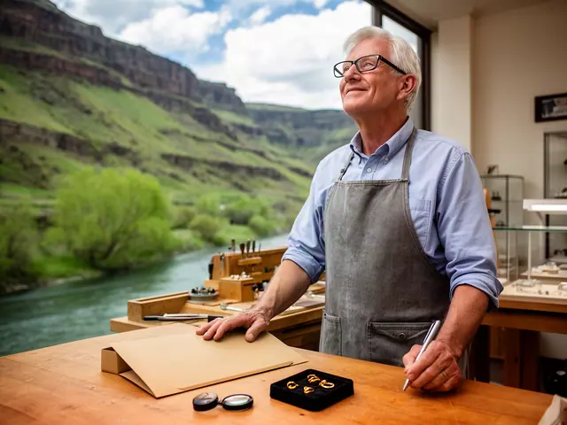 Silver-haired man with glasses and grey apron at a jeweler workbench holding a pen, canyon and river through window
